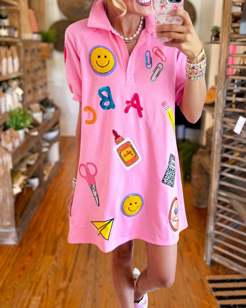 Playful Back-to-School Graphic Polo T-Shirt Dress
