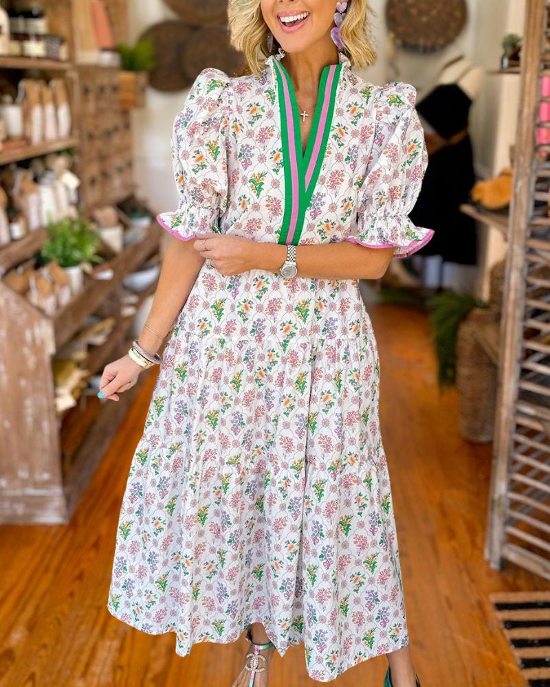 Vintage Floral V-Neck Puff Sleeve Midi Dress