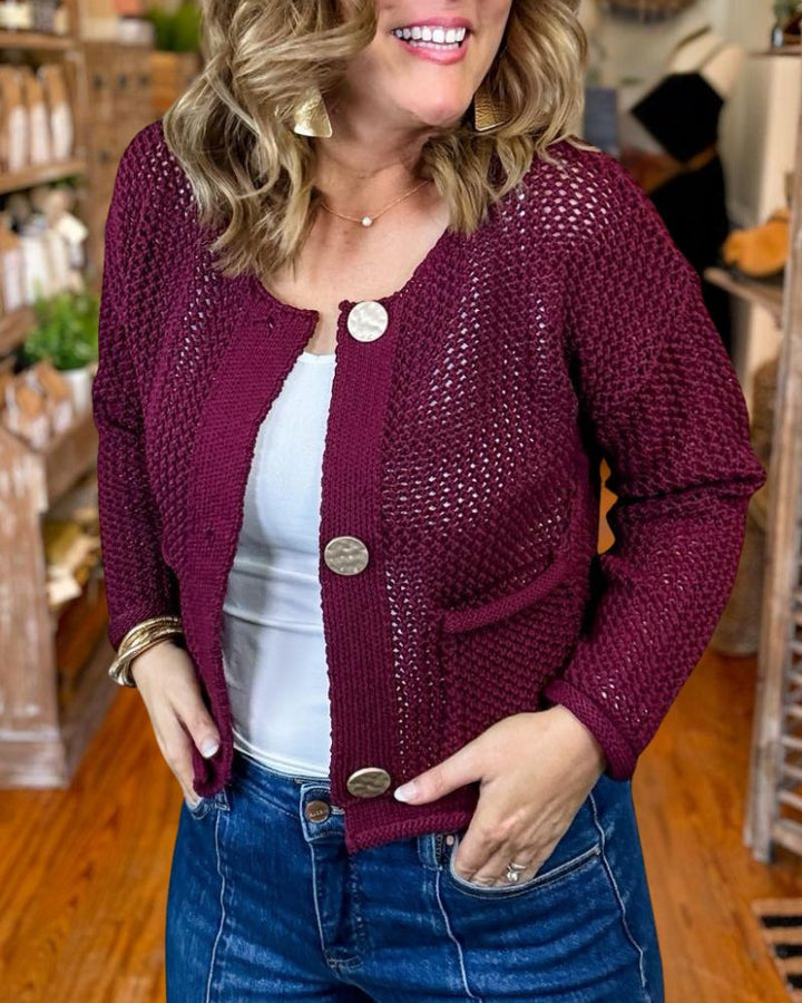 Chic Solid Color Crew Neck Knit Cardigan