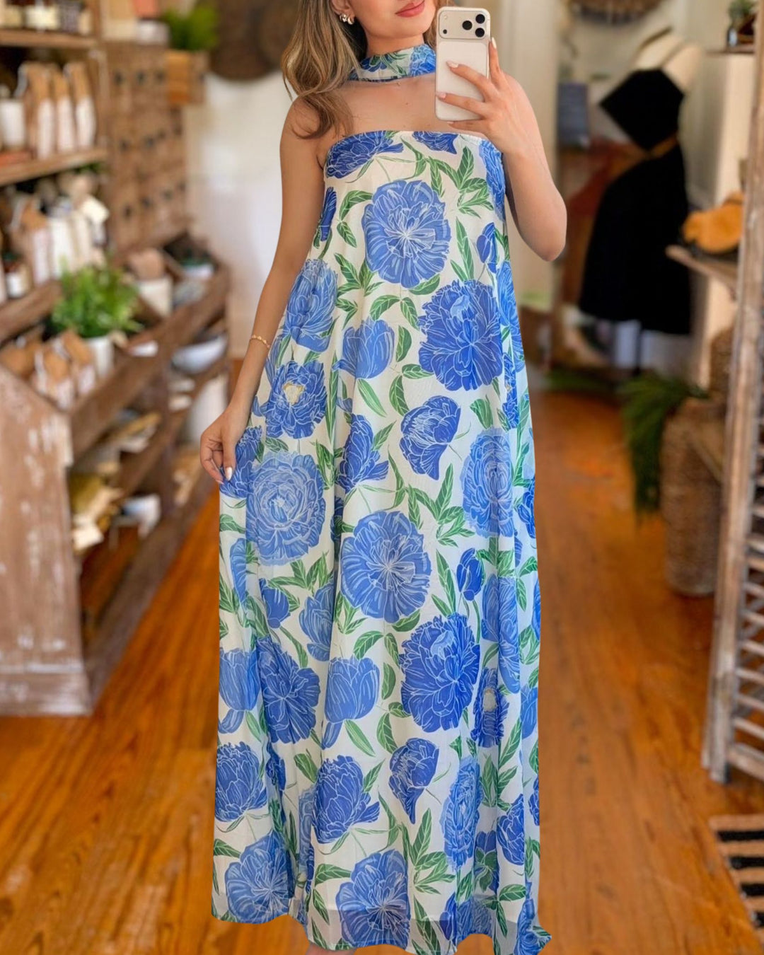 Boho Blue Floral Strapless Maxi Dress