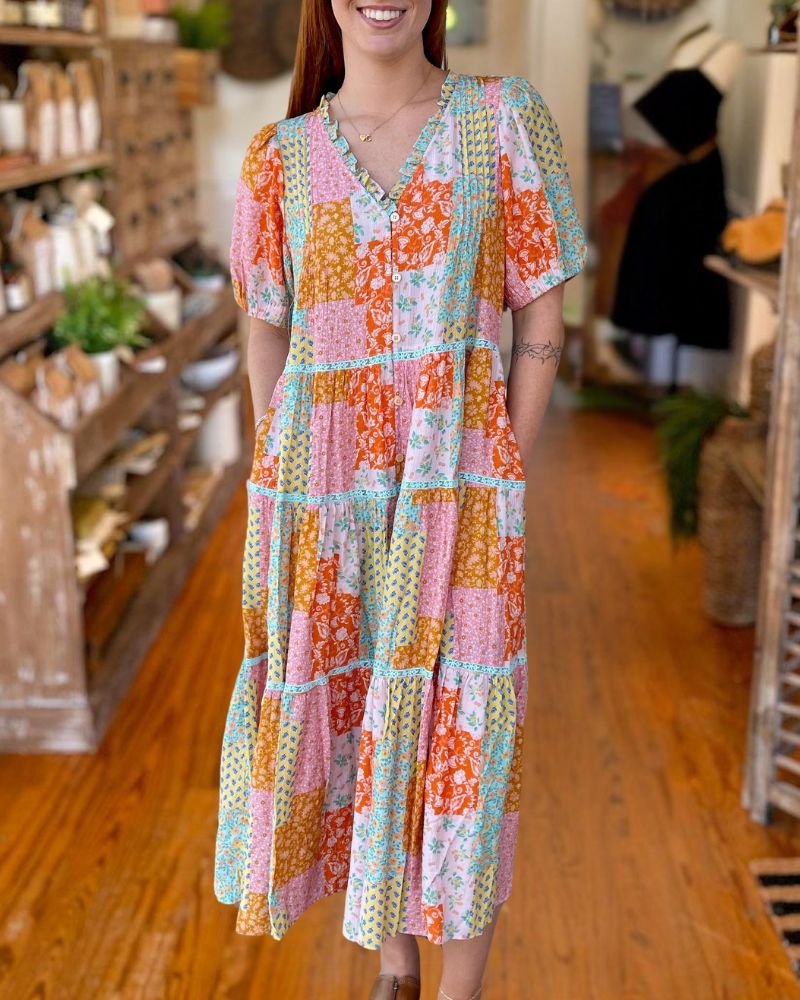 Boho Patchwork Floral Midi Dress