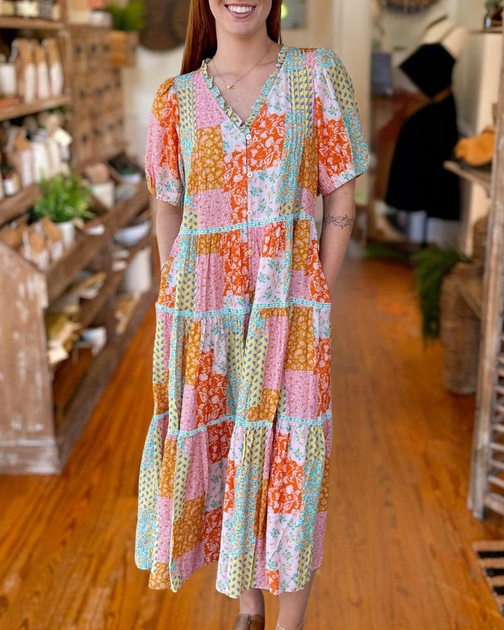 Boho Patchwork Floral Midi Dress