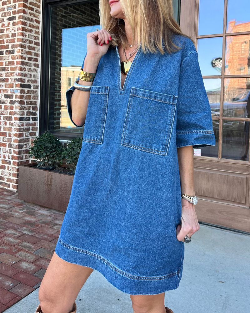 Lapel Short Sleeve Loose Denim Dress