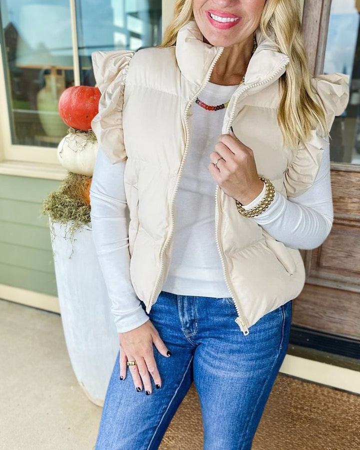 Cropped Pocketed Ruffle Sleeve Zip Up Puffer Vest