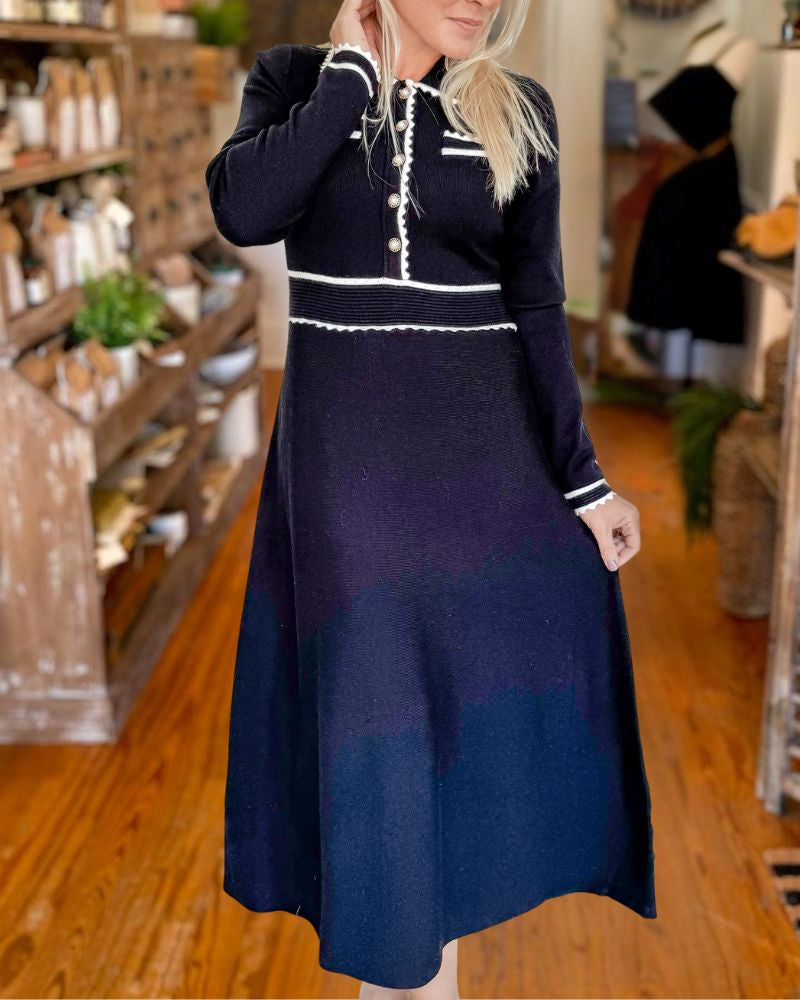 Elegant Navy Knit Long Sleeve Midi Dress