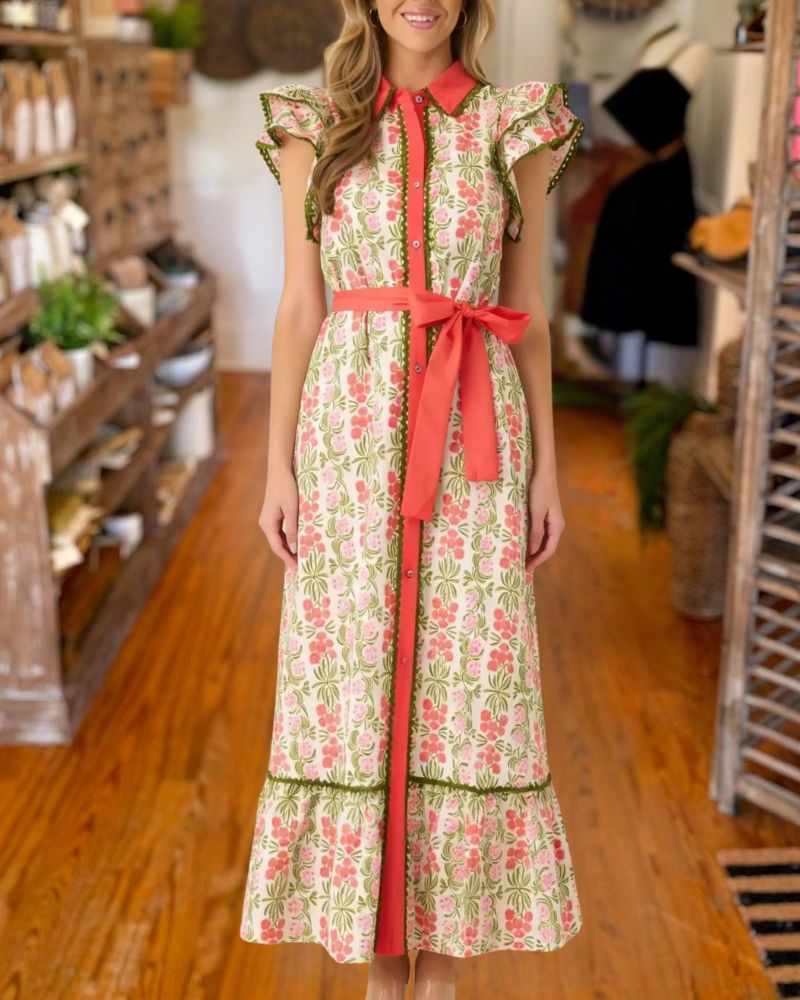 Vintage Floral Ruffle Sleeve Belted Maxi Dress