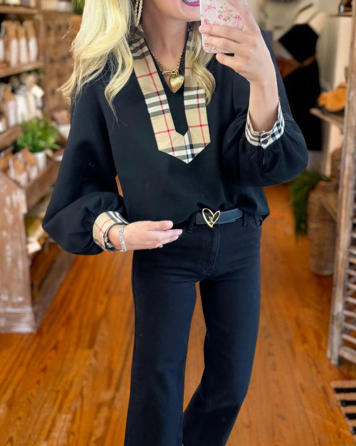 Black Plaid Collar Blouse