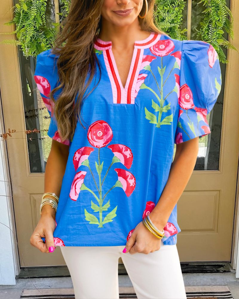 Floral Contrast Collar Top