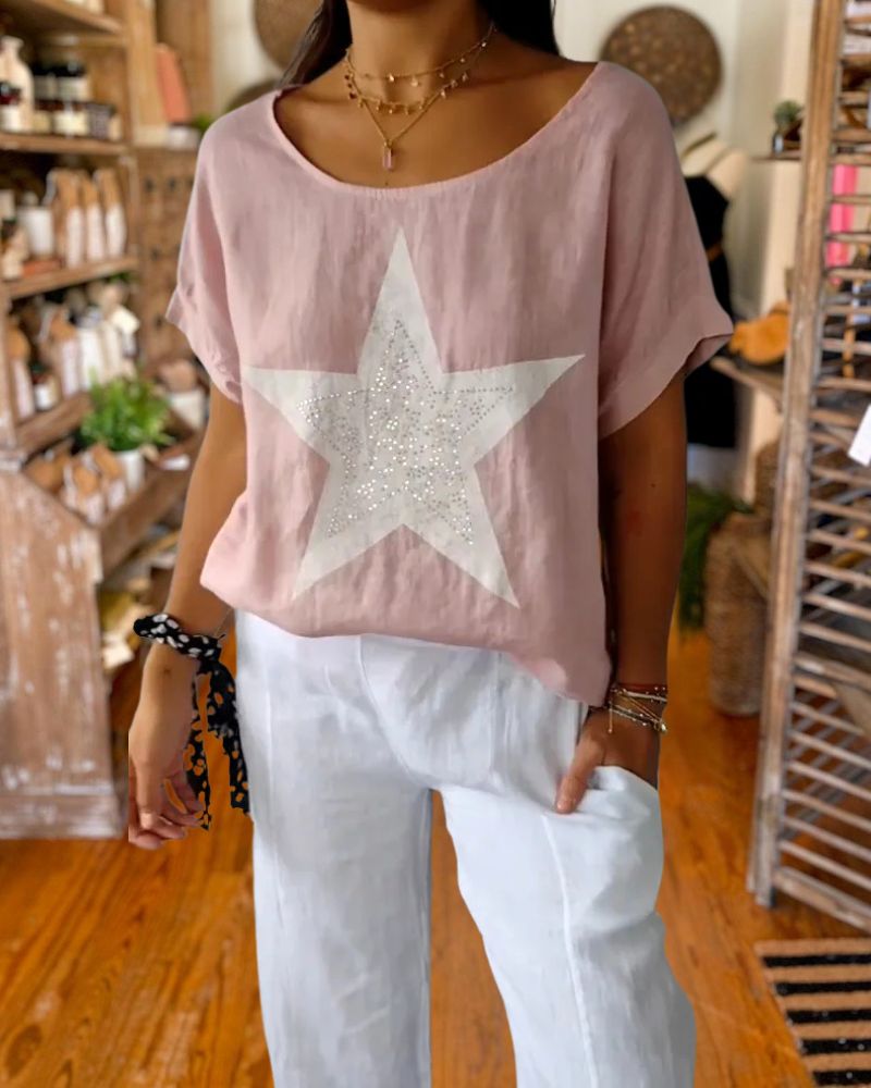 Rhinestone Detail Cotton & Linen Loose T-Shirt