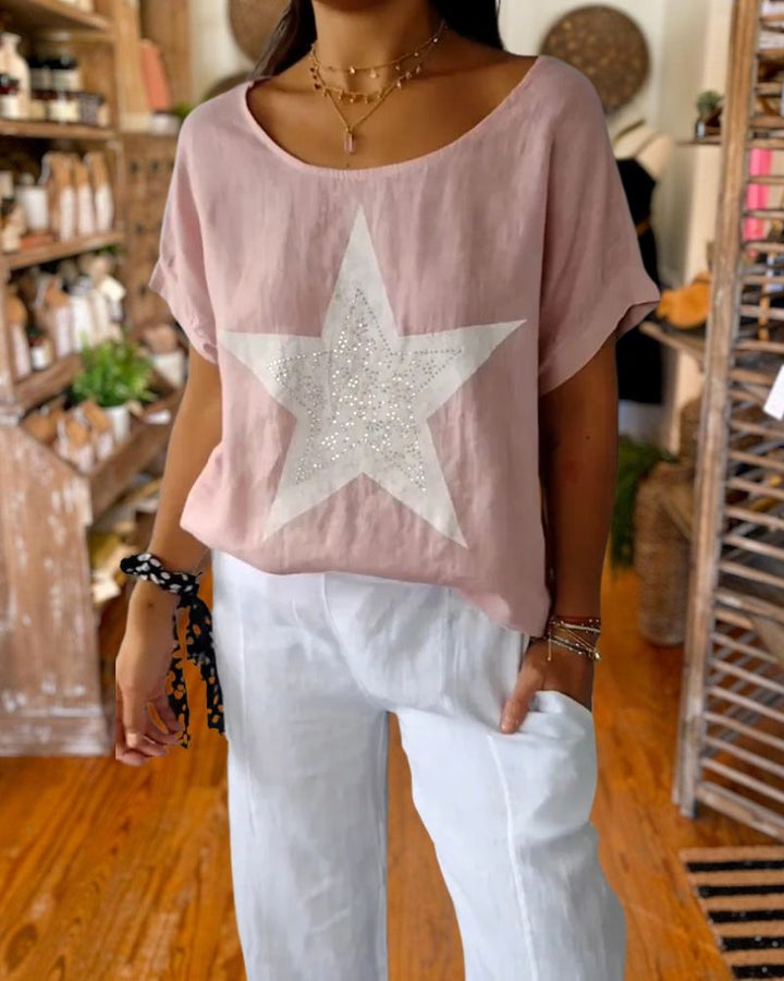 Rhinestone Detail Cotton & Linen Loose T-Shirt