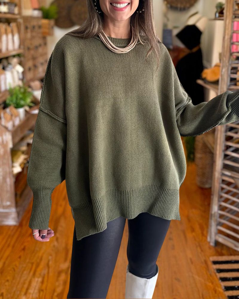 Cozy Batwing Sleeve Side Slit Knit Sweater