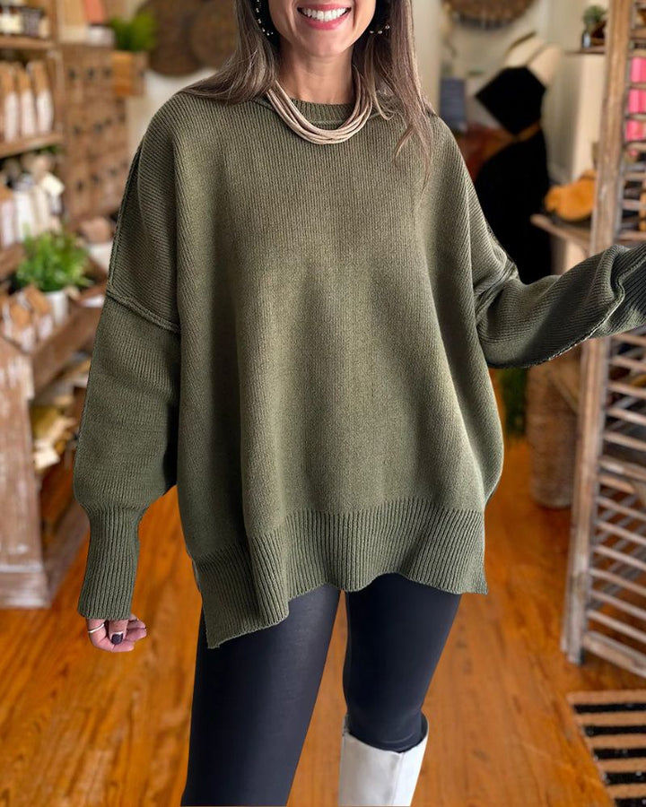 Cozy Batwing Sleeve Side Slit Knit Sweater