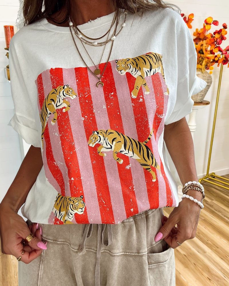 Trendy Striped Tiger Mixed Print T-Shirt