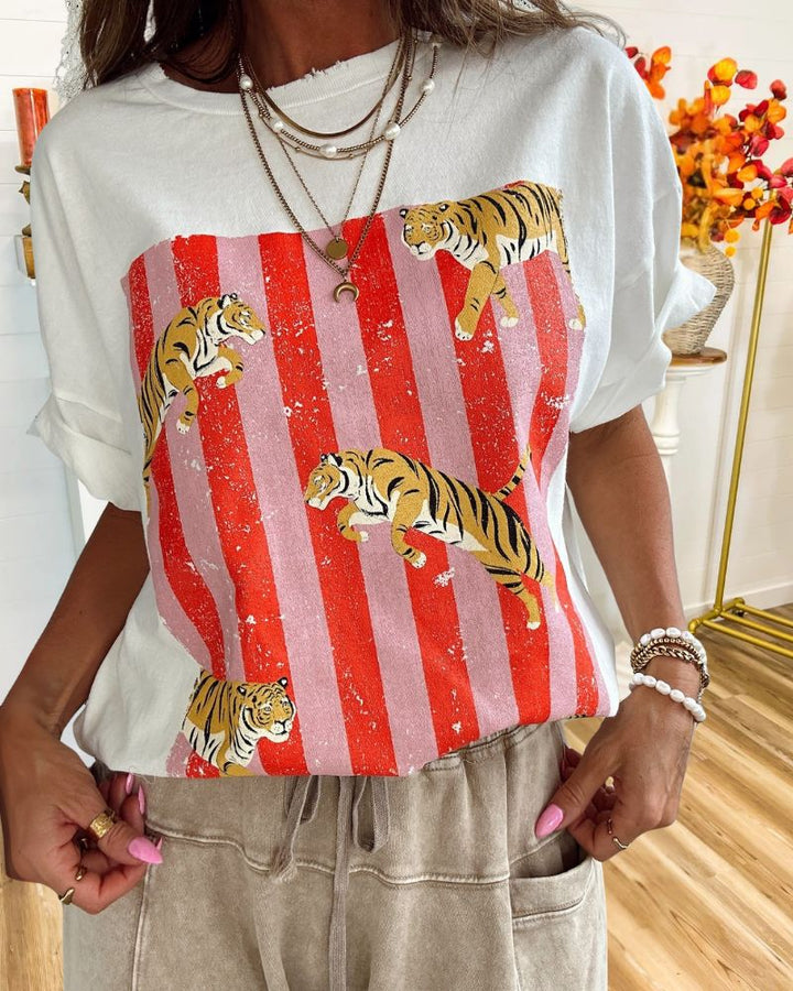 Trendy Striped Tiger Mixed Print T-Shirt