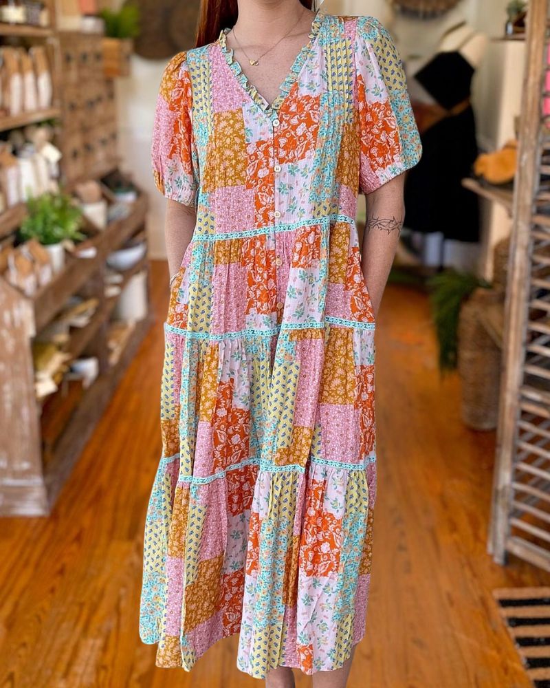 Boho Patchwork Floral Midi Dress