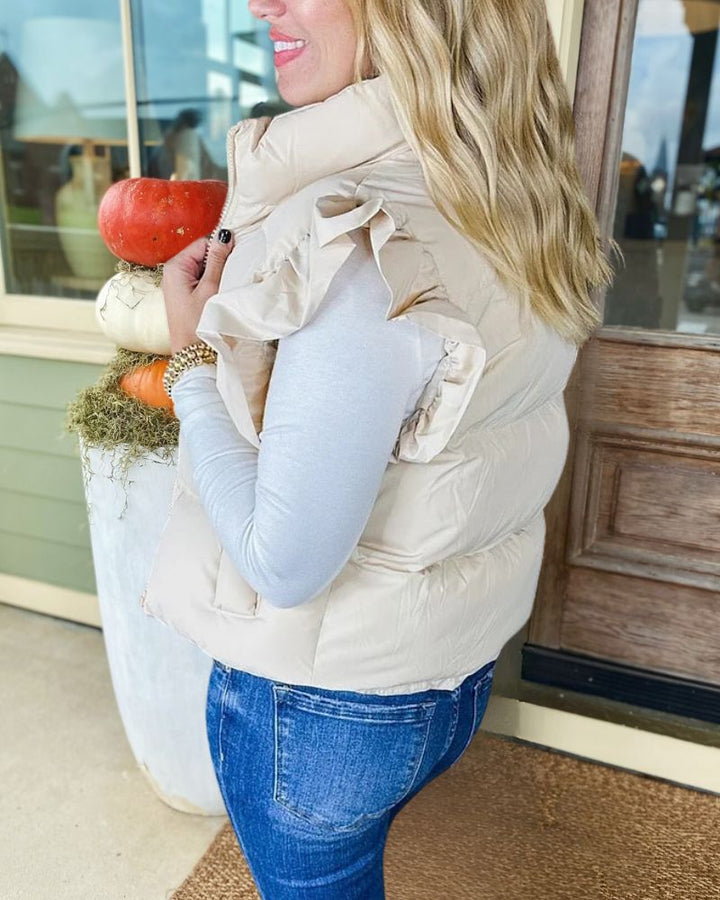 Cropped Pocketed Ruffle Sleeve Zip Up Puffer Vest