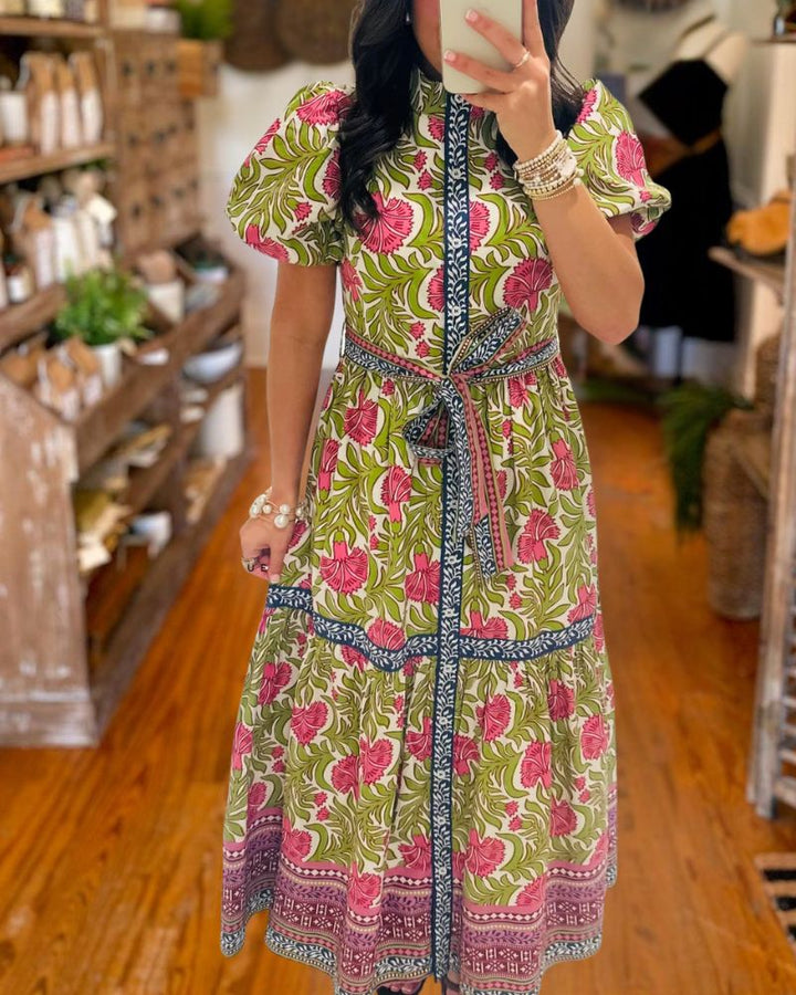 Designer Inspired Floral Belted Puff Sleeve Maxi Dress