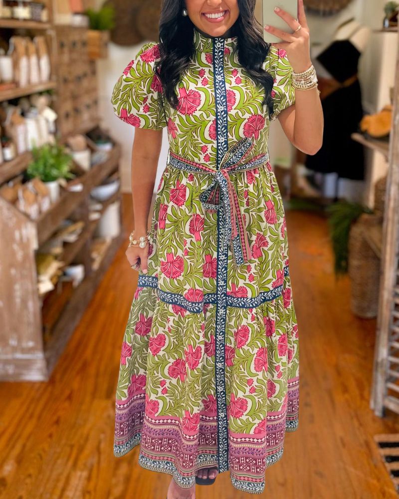 Designer Inspired Floral Belted Puff Sleeve Maxi Dress