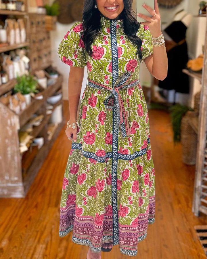 Designer Inspired Floral Belted Puff Sleeve Maxi Dress