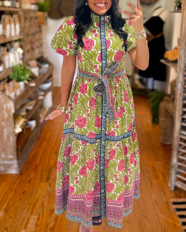 Designer Inspired Floral Belted Puff Sleeve Maxi Dress