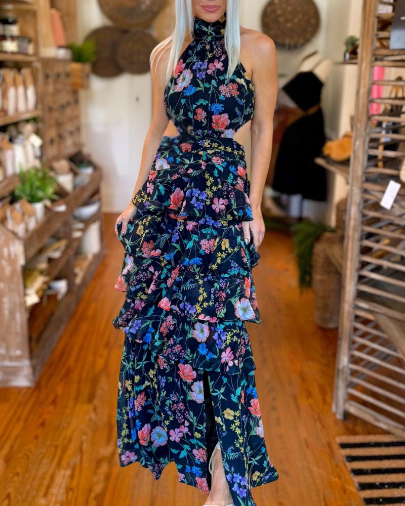Elegant Floral Halter Neck Ruffle Tiered Maxi Dress