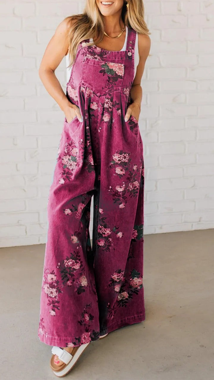 Floral Denim Sleeveless Jumpsuit