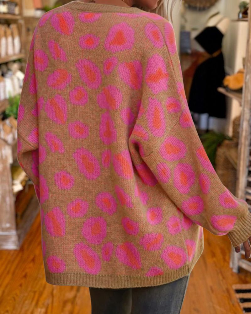 Casual Loose-Fit Colorblock Jacquard Knit Sweater