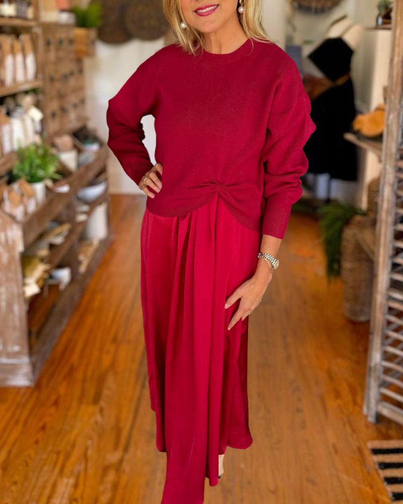 Elegant Black Two-Piece Look Pleated Midi Dress