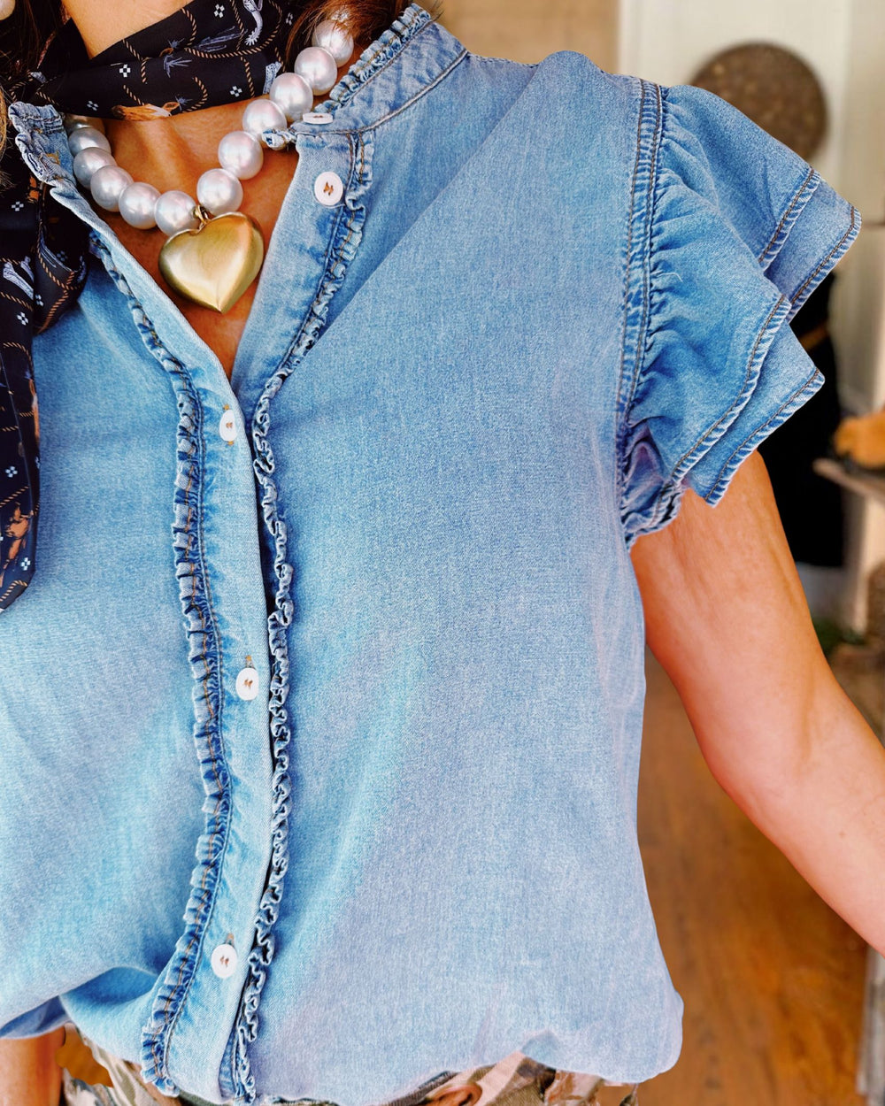 Casual Ruffled Denim Flutter Sleeve Shirt