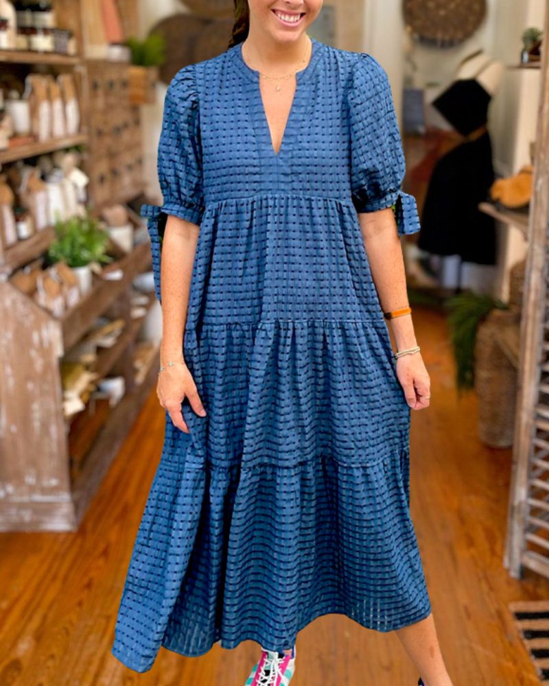 Plaid V-Neck Long Dress