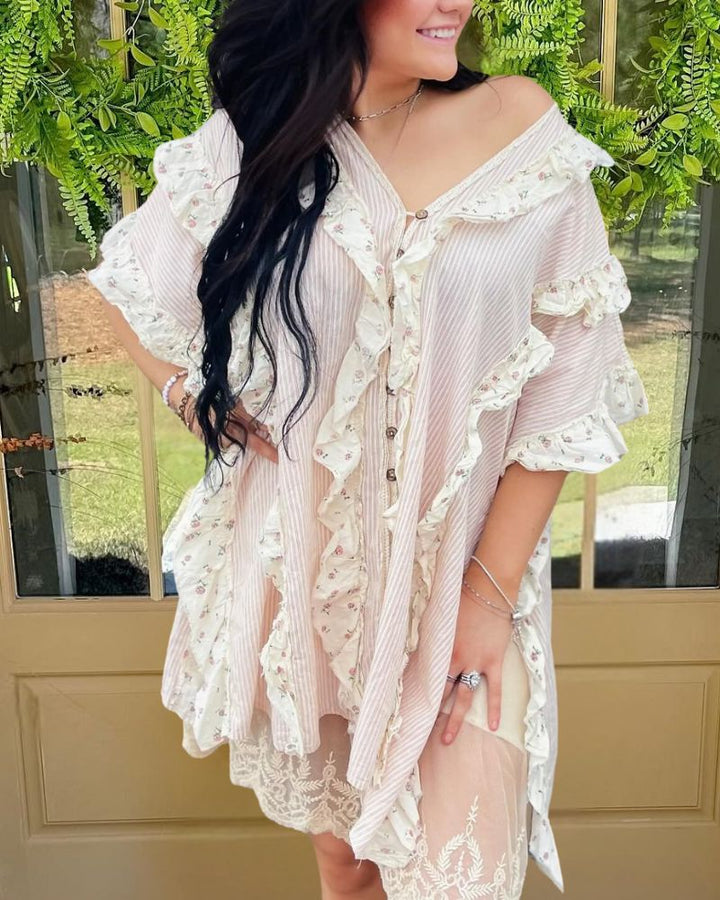 Ruffle Trim Printed Vacation Dress