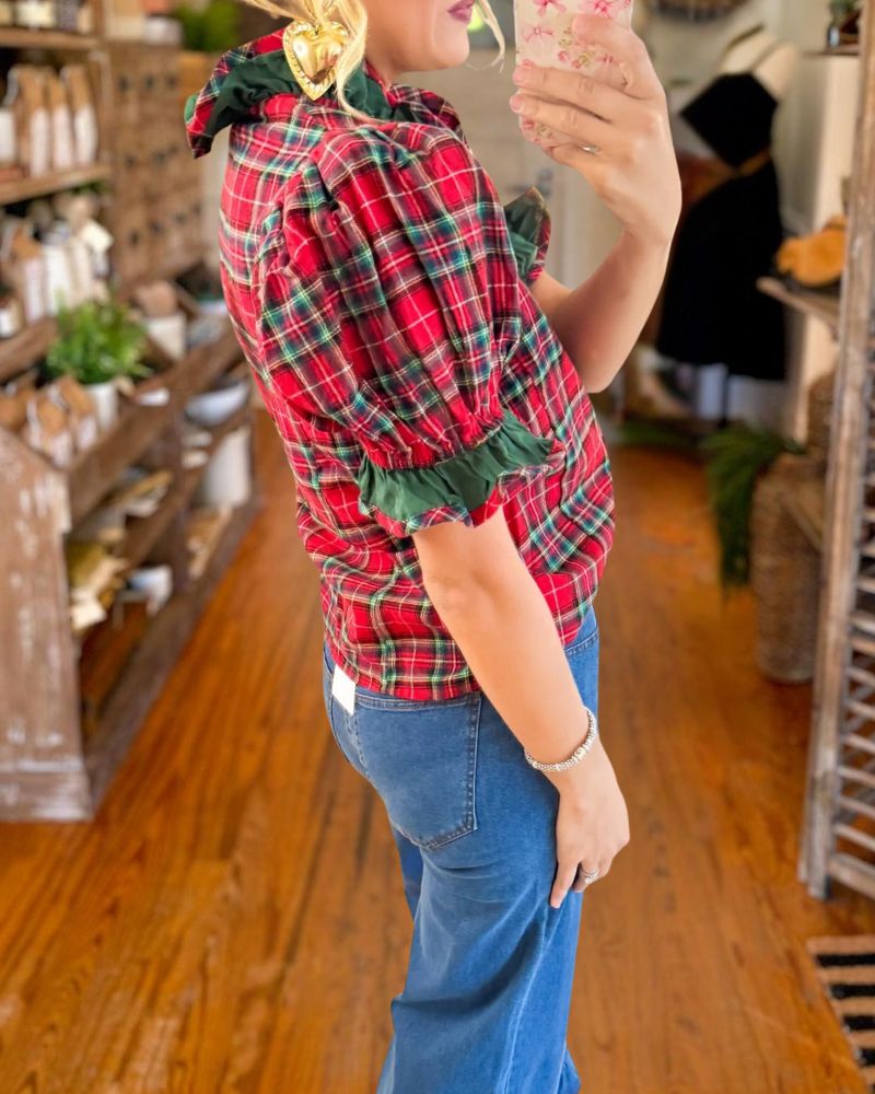 Vintage Plaid Ruffle Blouse