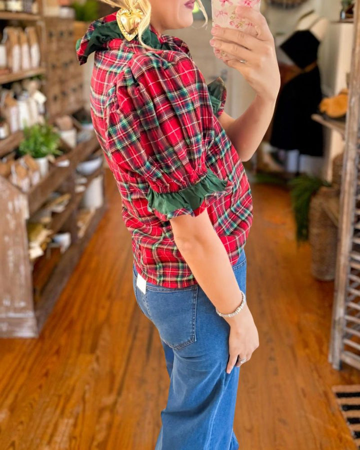 Vintage Plaid Ruffle Blouse