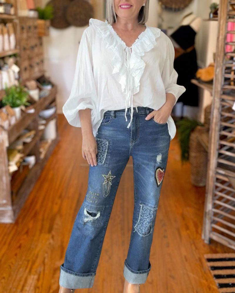 Chic Ruffled Solid-Color Blouse
