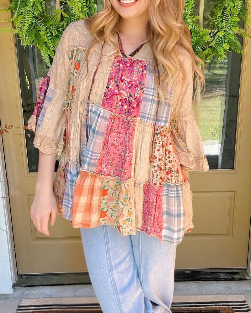 Retro Floral Plaid Patchwork V-Neck Top