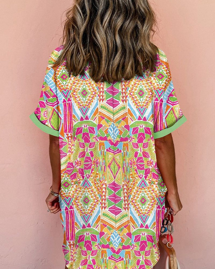 Geometric Print Button-Up Shirt Dress