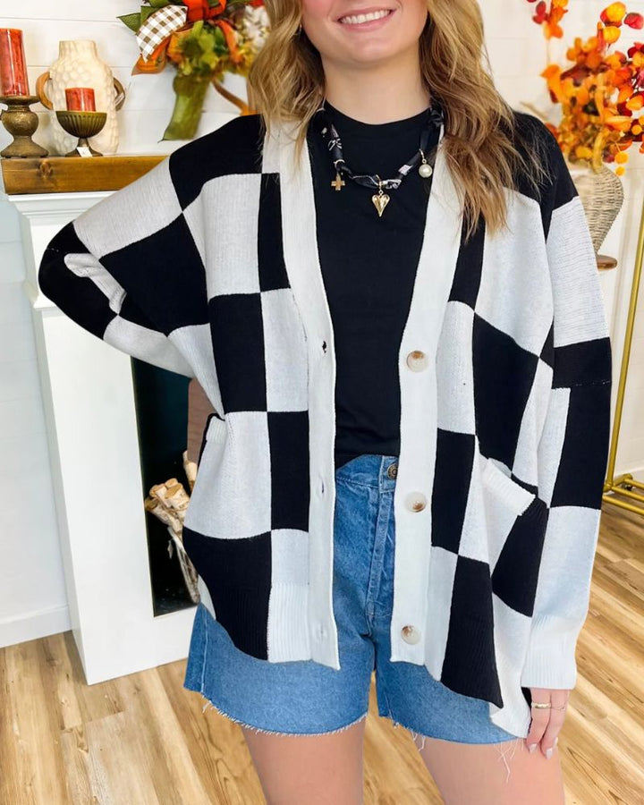 Casual Loose Color Block Plaid Knit Cardigan