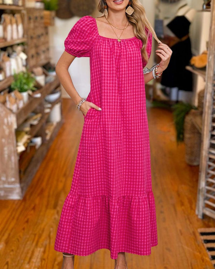 Gingham Square Neck Puff Sleeve Maxi Dress