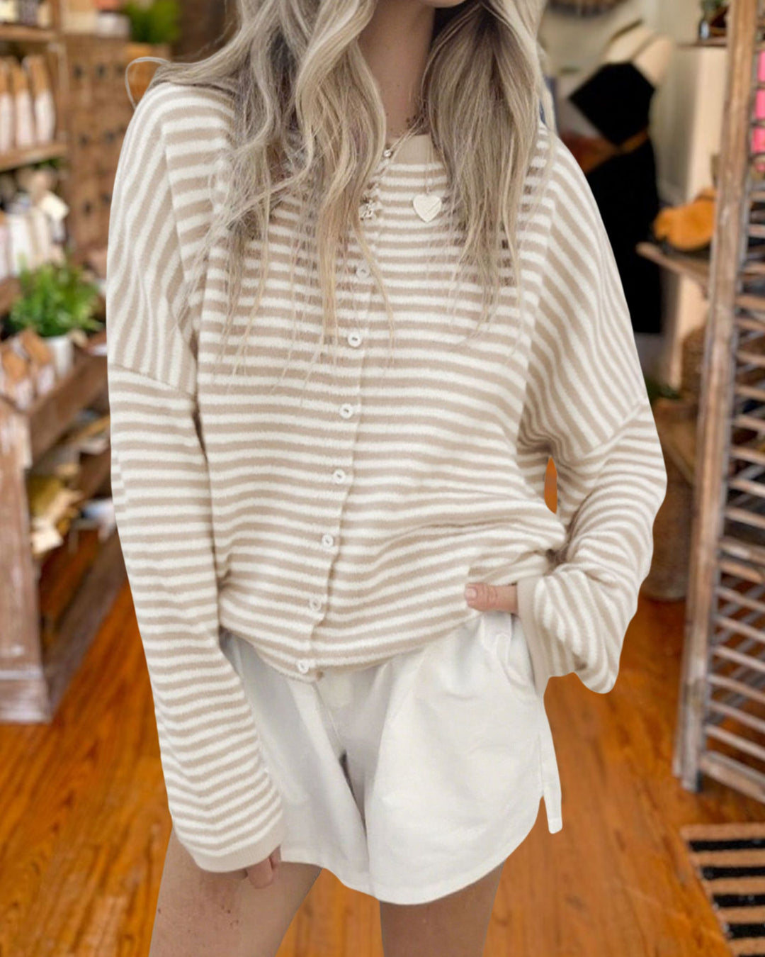 Casual Crew Neck Striped Knit Cardigan