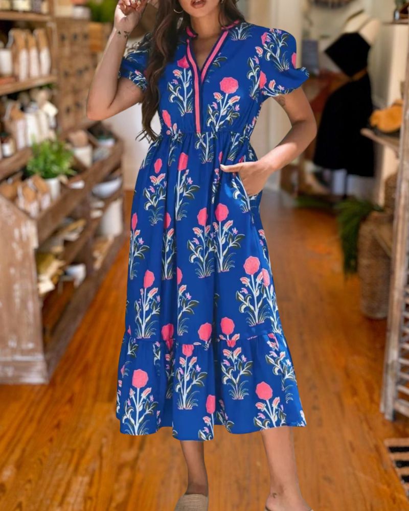 Elegant Blue Floral Puff Sleeve Midi Dress