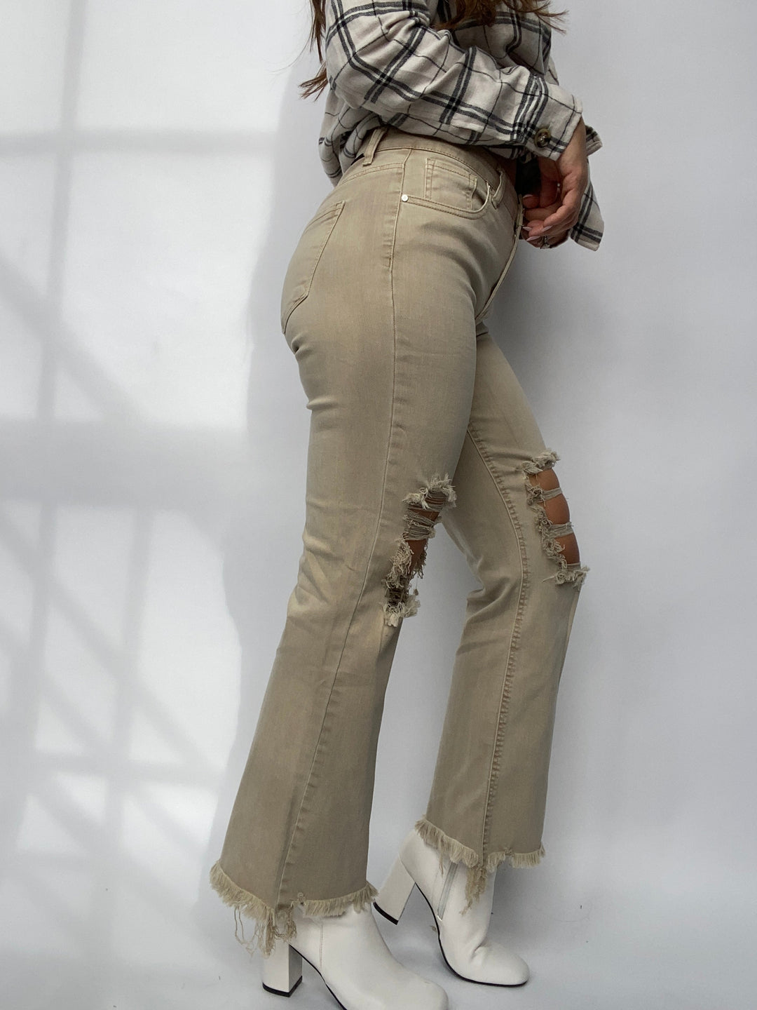 High Rise Sand Straight Leg Distressed Jeans