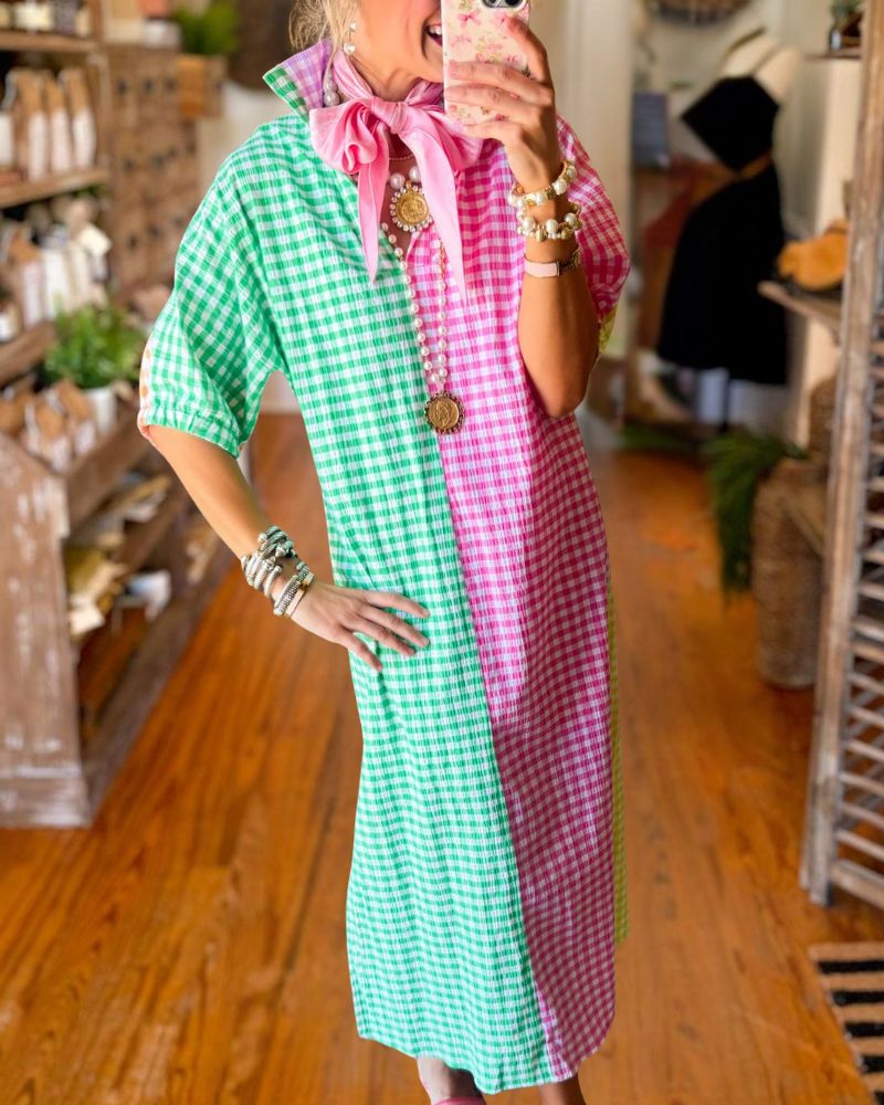 Colorblock Gingham Midi Dress