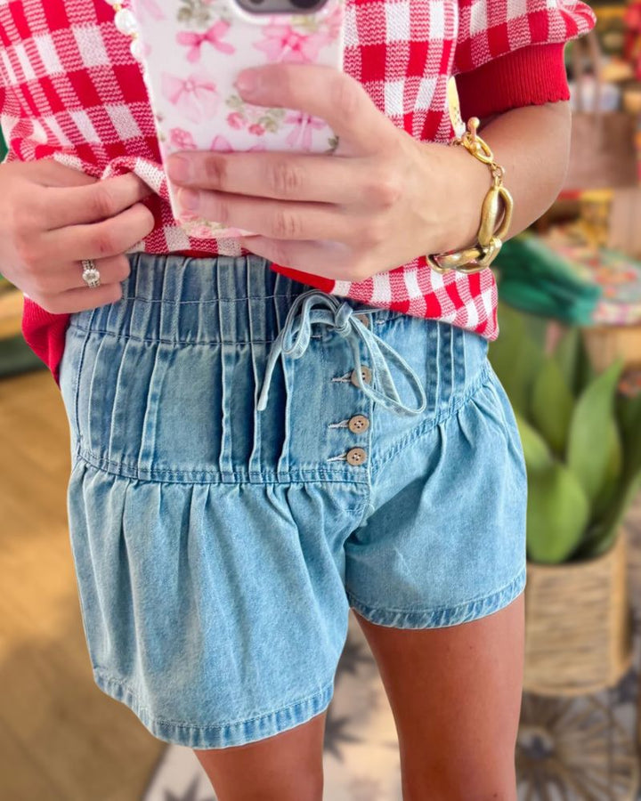 Pleated Button Detail Denim Shorts