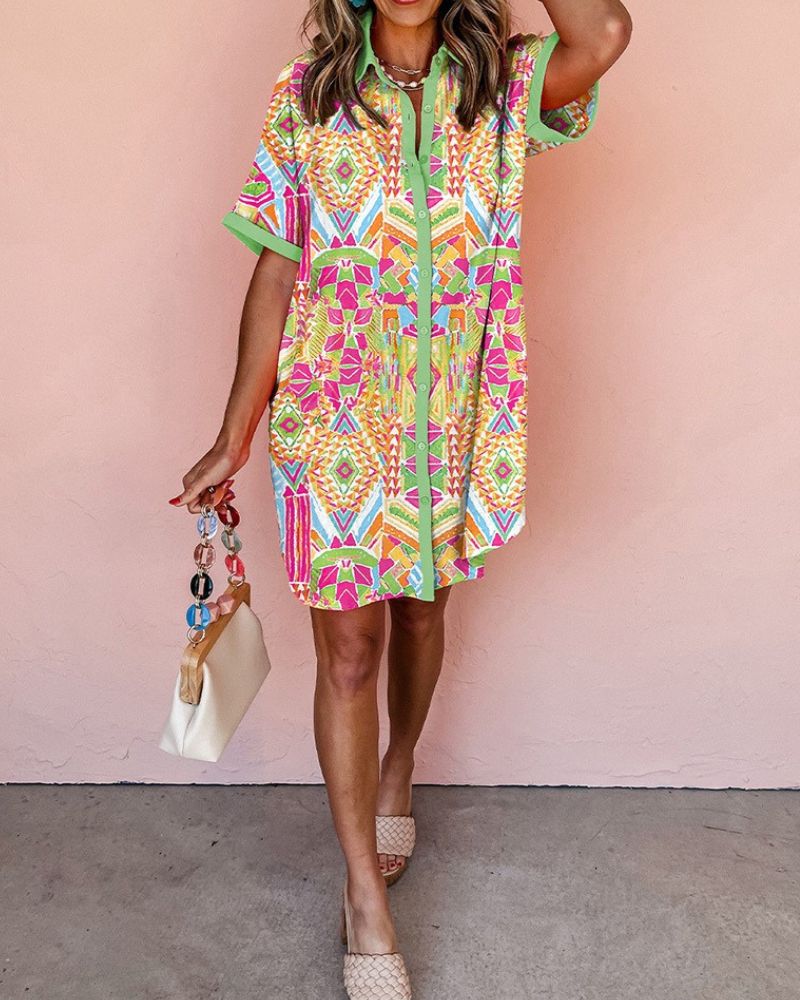 Geometric Print Button-Up Shirt Dress