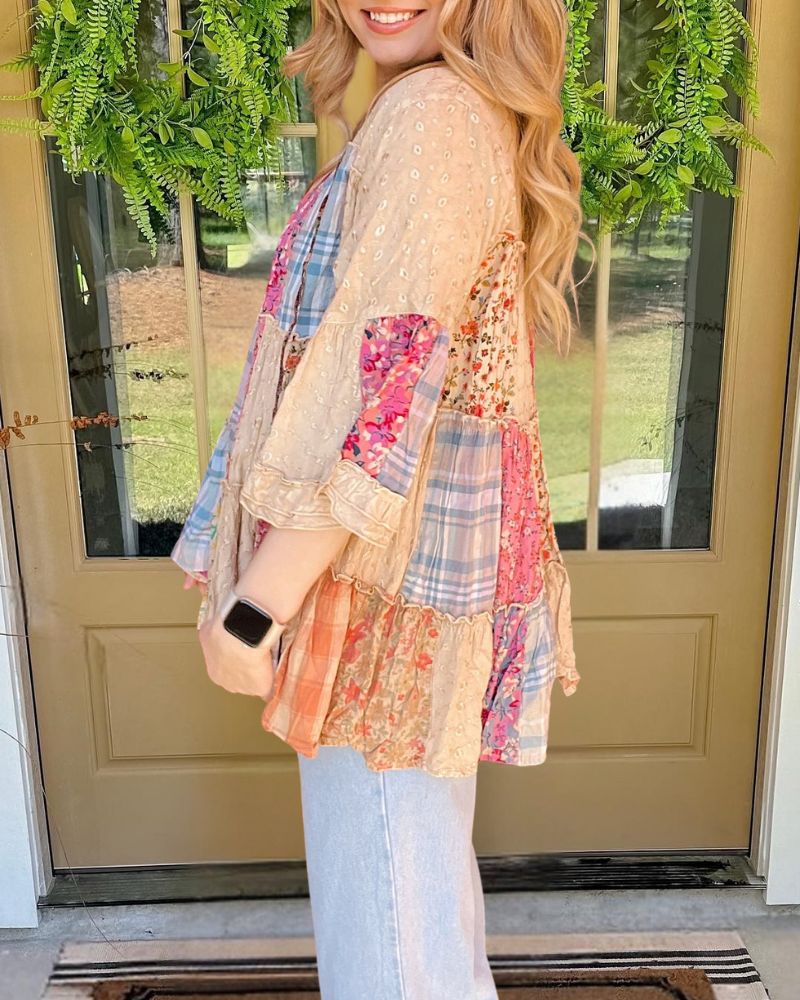 Retro Floral Plaid Patchwork V-Neck Top