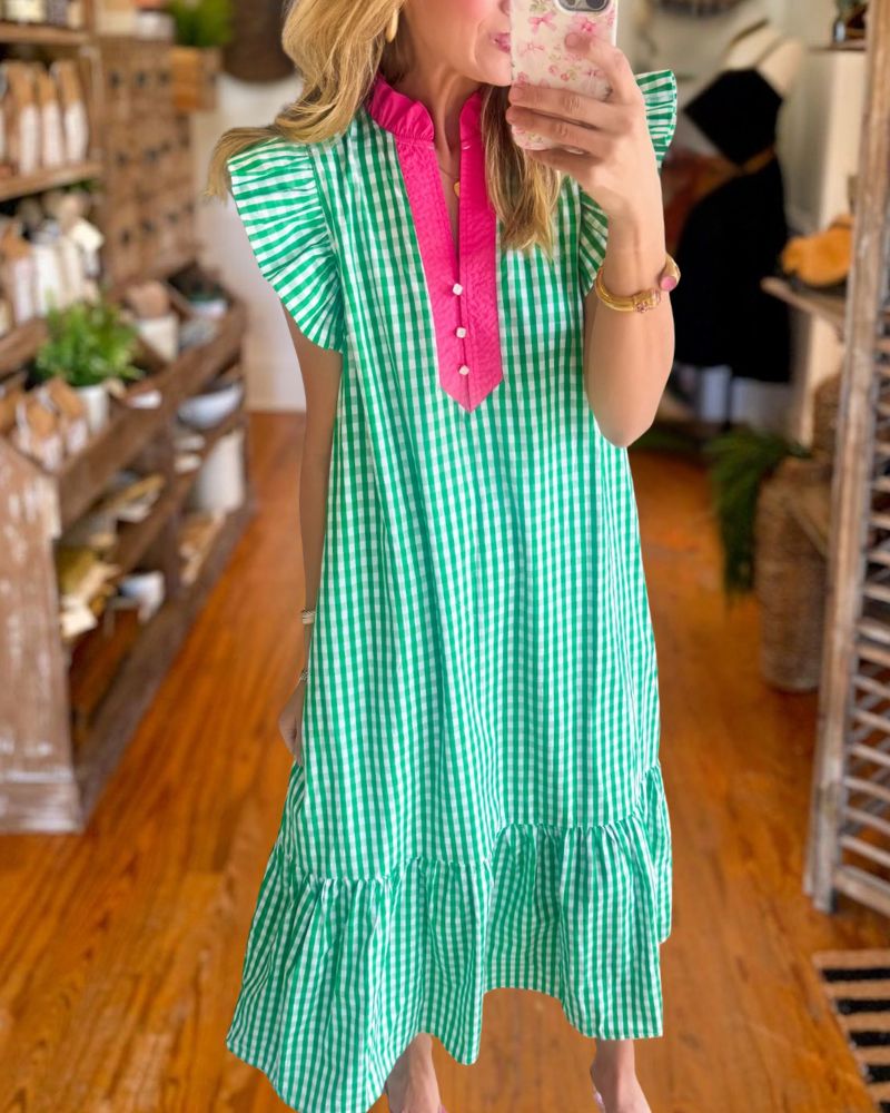 Chic Green Gingham Ruffle Hem Maxi Dress
