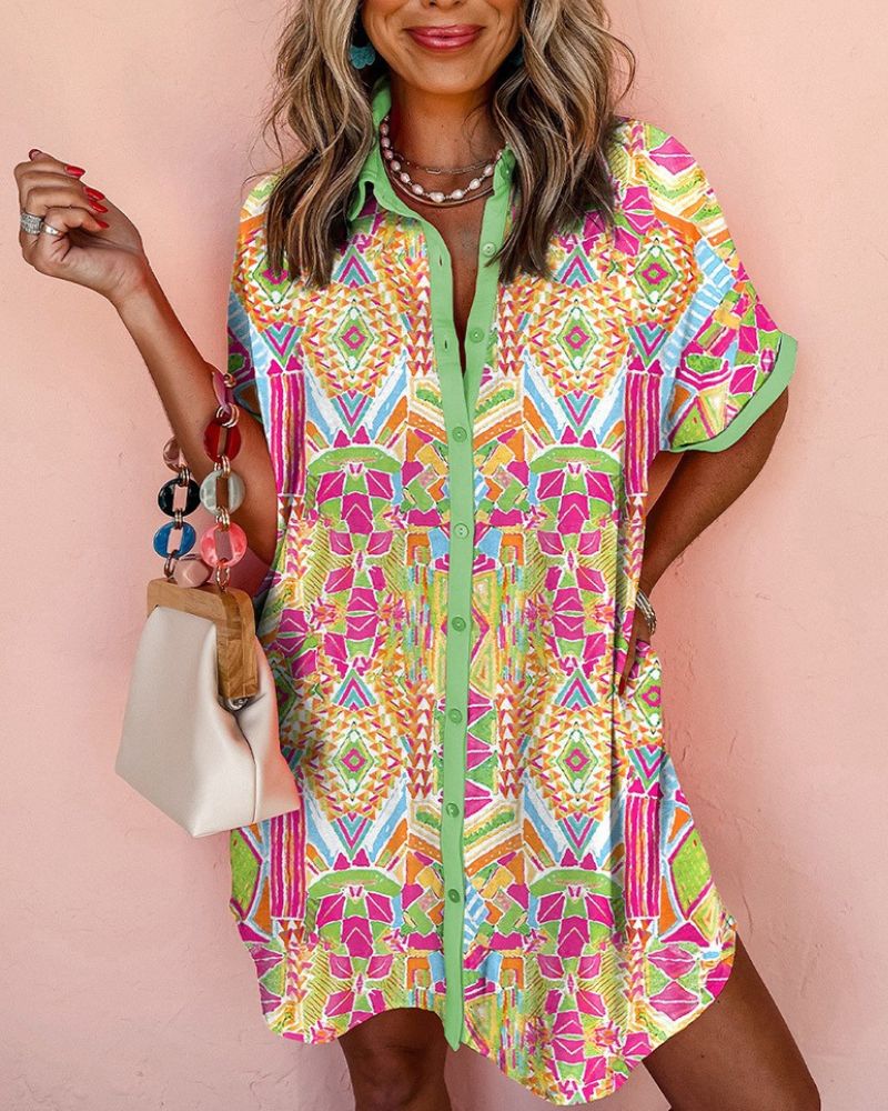 Geometric Print Button-Up Shirt Dress