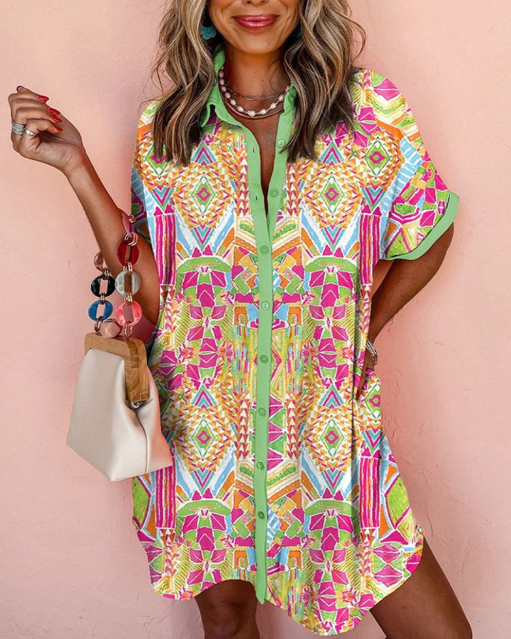 Geometric Print Button-Up Shirt Dress