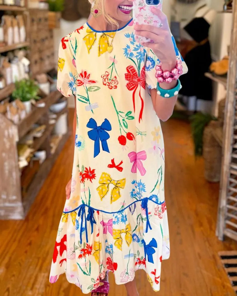 Playful Bow Print Puff Sleeve Midi Dress