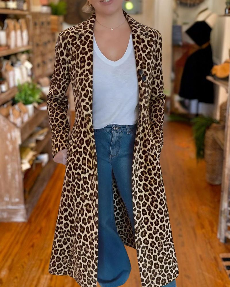Casual Leopard Print Multicolor Long Coat